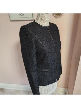 Albert Nipon Black Metallic Tweed Zip Jacket Blazer Size 4 flawless